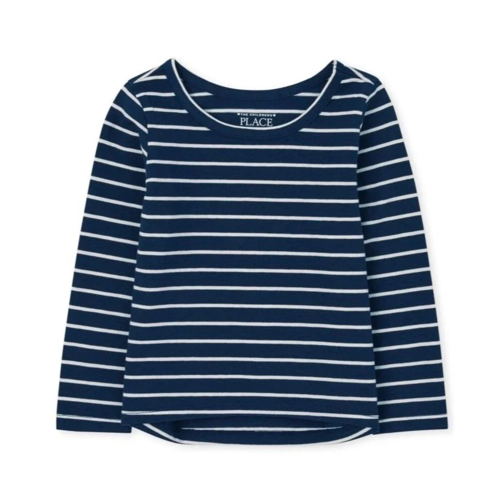EUC The Children's Place Navy Blue White Striped Long Sleeve Tee Top Size 10/12